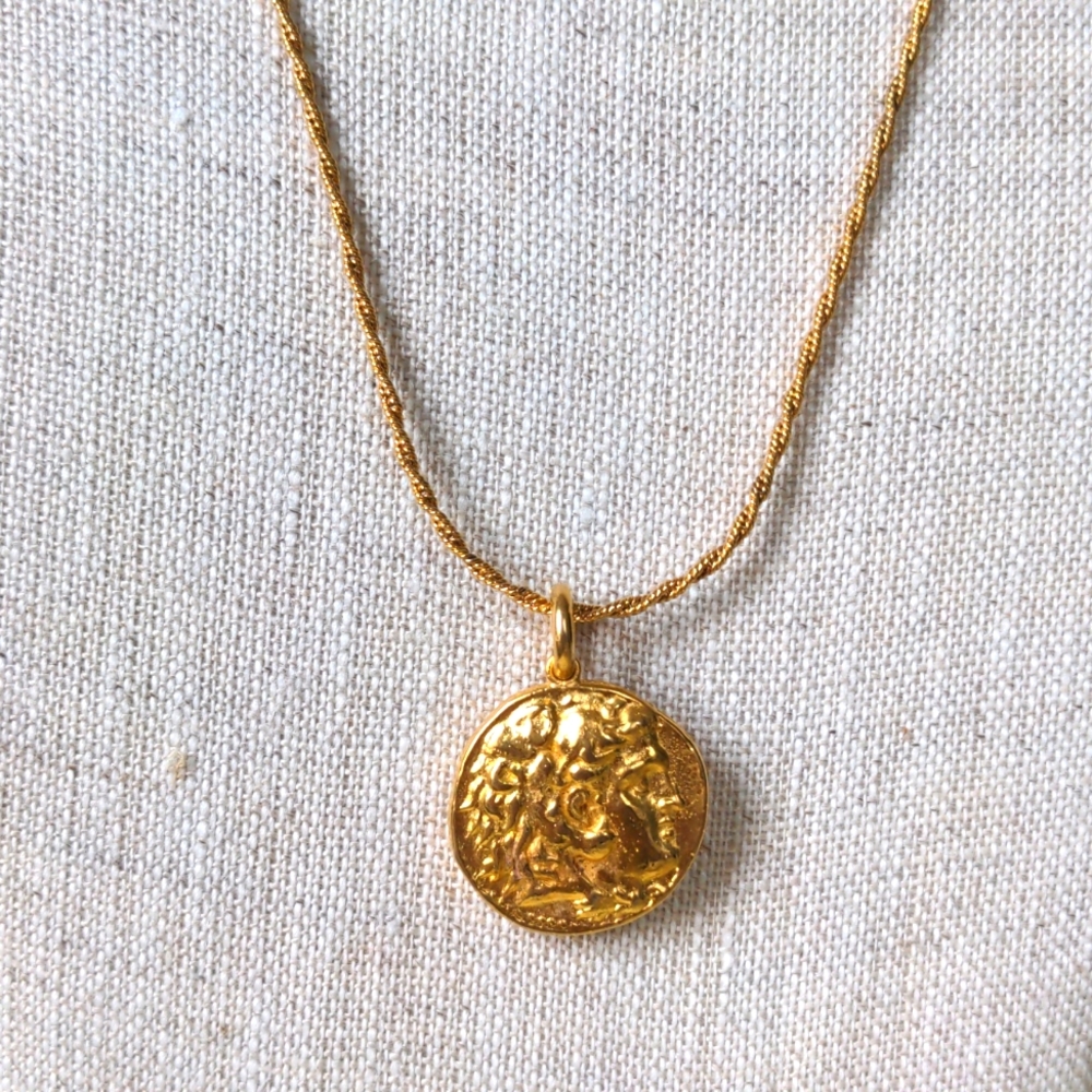 Gold Coin. Necklace. 22 karat Gold plated. Ancient Replica. 22" Golden 925 chain